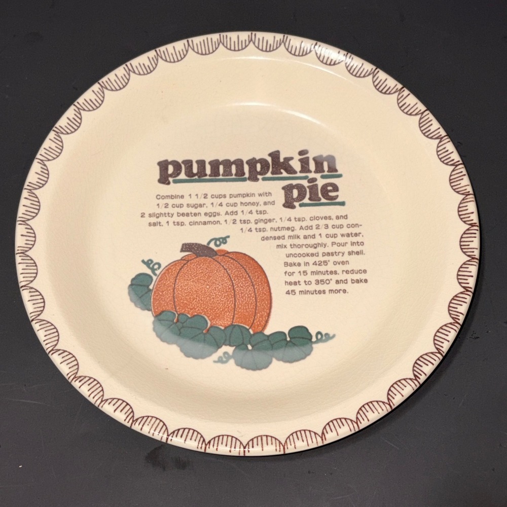 Mount Clemens Pottery Vintage Pumpkin Pie Recipe Dish Scalloped 10 inch Japan